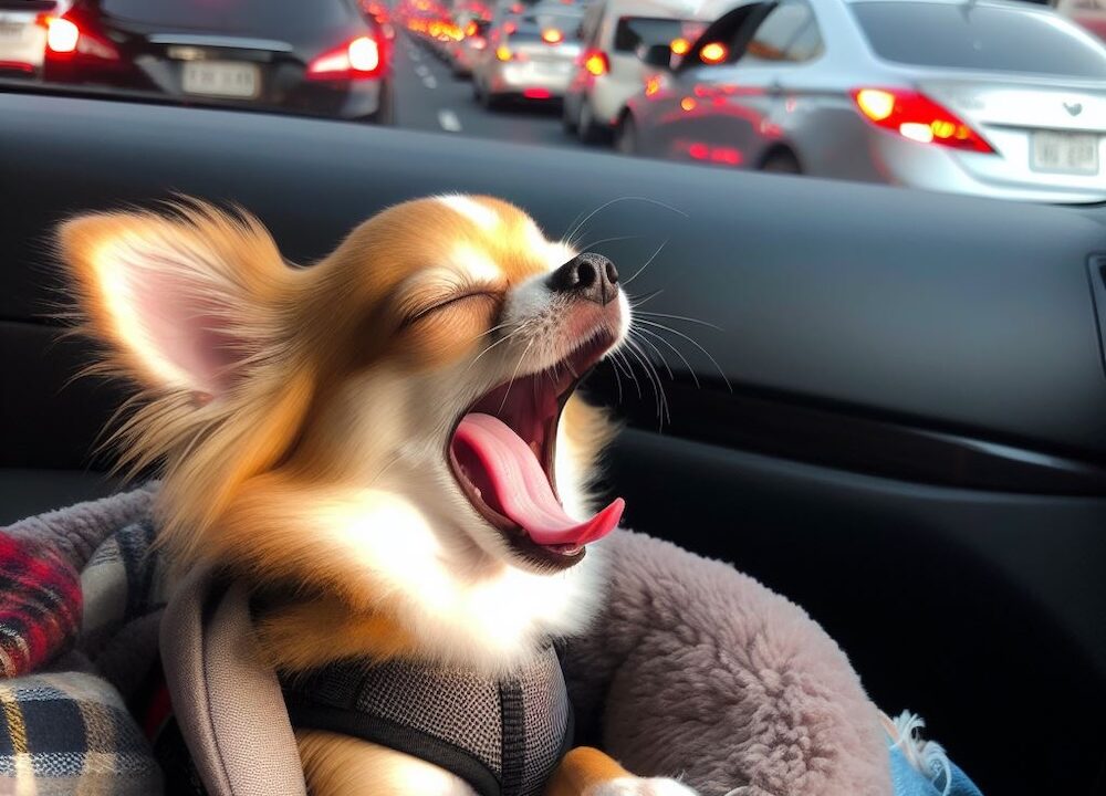 渋滞中、車内であくびをするチワワ