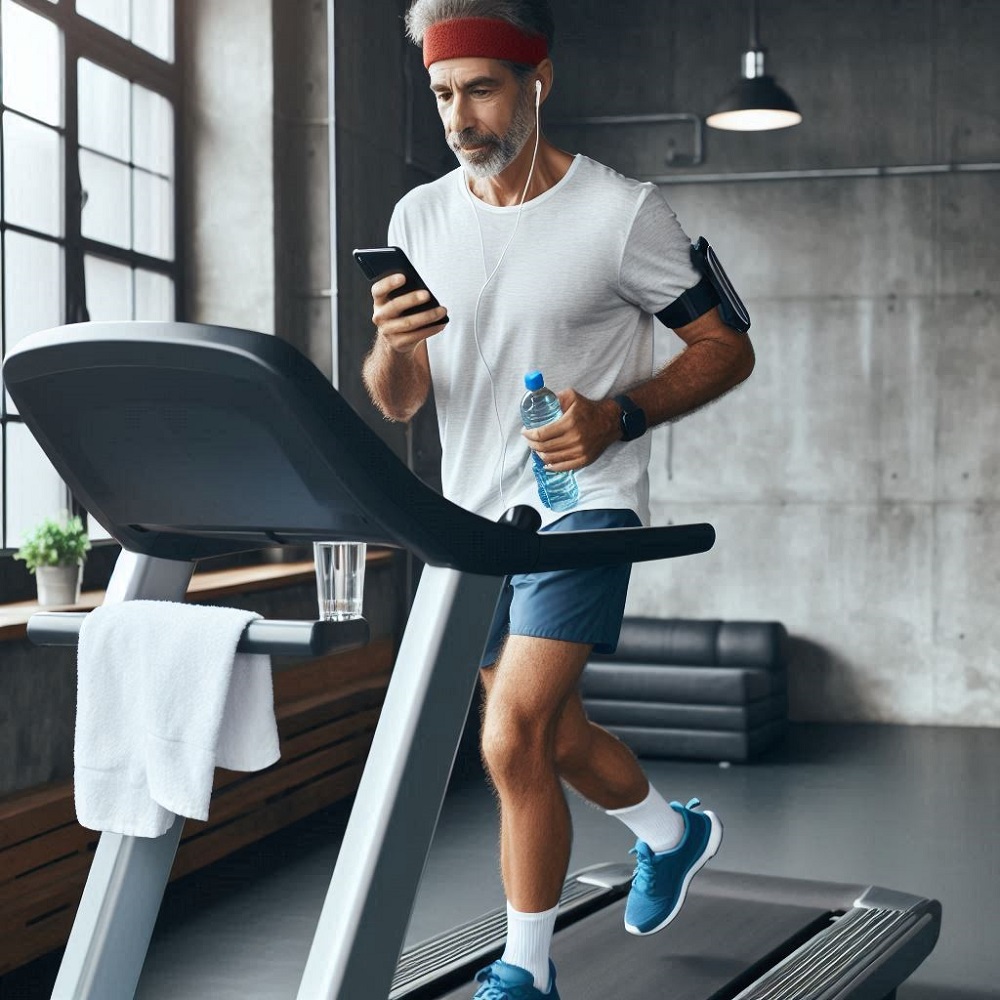 Uncle watching his phone while running on the treadmill.