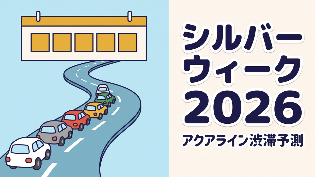 シルバーウィーク2026のアクアライン渋滞予測。9月19日から23日までの5連休を示すカレンダーと渋滞する道路のイラスト