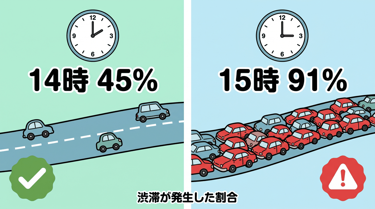 連休最終日の上り渋滞発生率。14時は45%、15時は91%に跳ね上がることを示した比較図