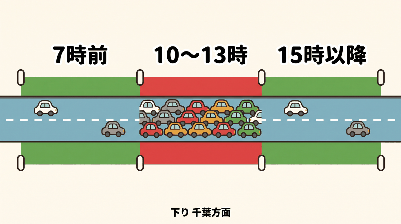 連休初日の下り渋滞。7時前と15時以降は空いていて、10時から13時が最も混むことを示したタイムライン